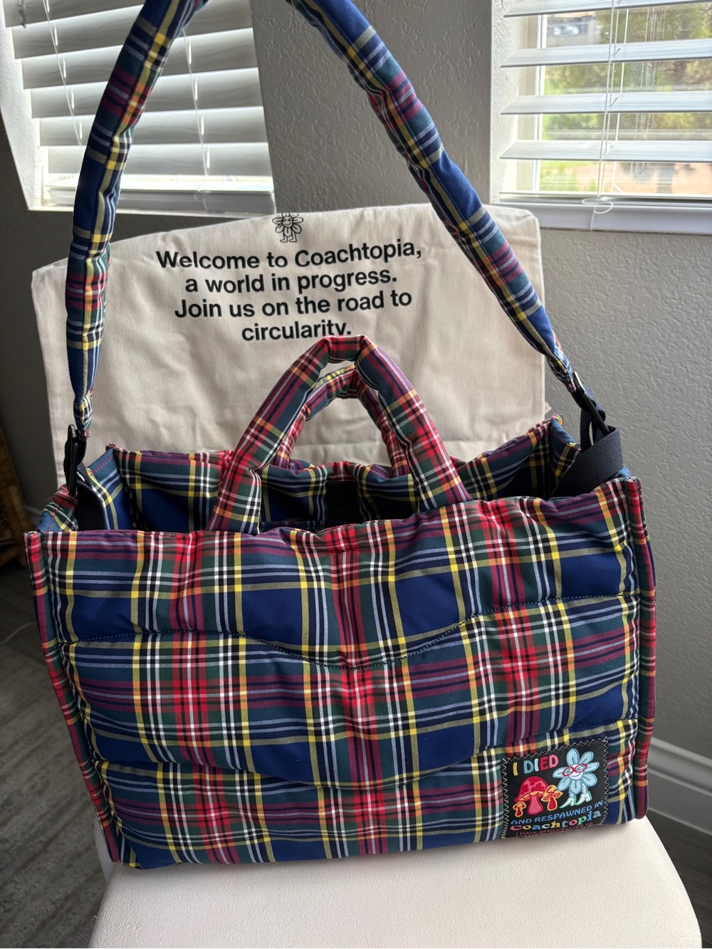 Coachtopia Quilted Multicolor Plaid Tote — Blue, Red, Green, Yellow - Picture 3 of 7